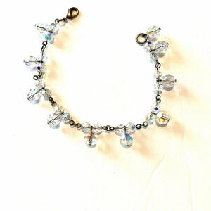 Vintage Lead Crystal Silver Aurora Borealis Bracelet Beaded 7" 80's Chic